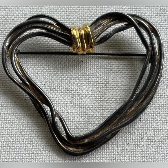 Vintage Open Heart Brooch – Mixed Metal with Gold Accent - Picture 1 of 2